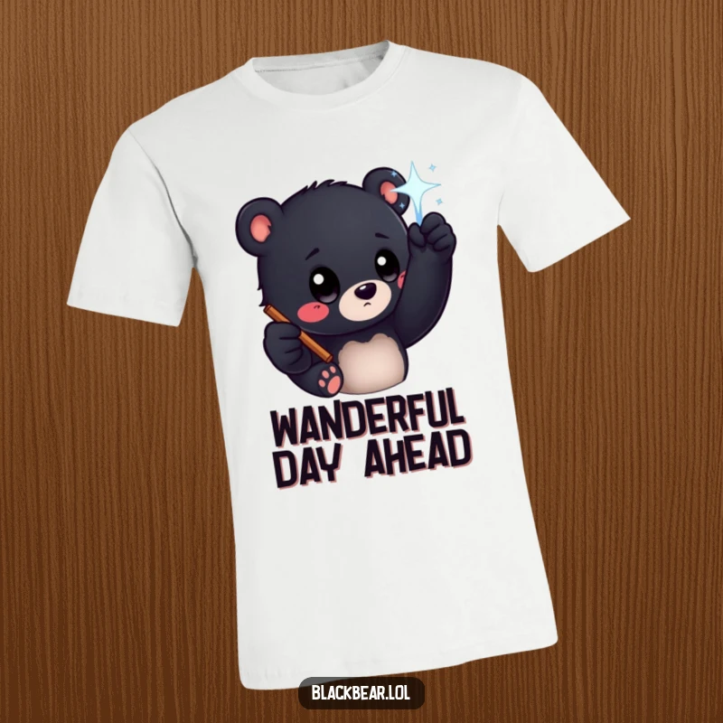 Funny black bear cub with big curious eyes reaching for a sparkling wand, printed on a t-shirt, for a magical look.