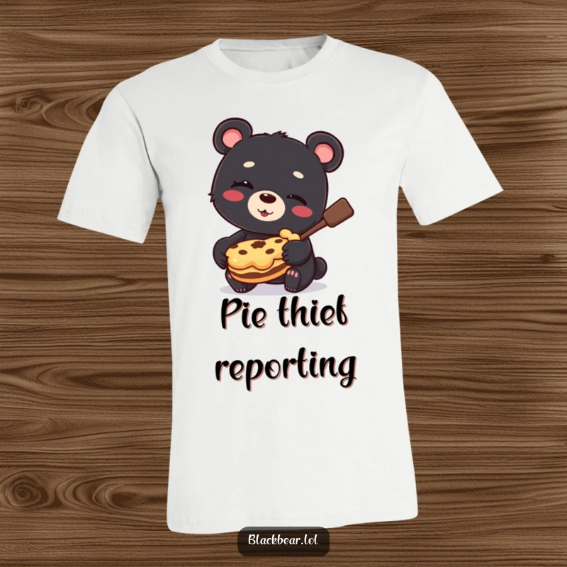 Funny T-Shirt graphic of a black bear cub with a sly wink, holding a stolen pie, embodying playful mischief.
