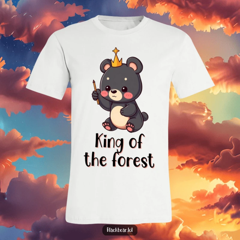 Funny black bear cub holding a tiny scepter and pointing to the sky, printed on a soft t-shirt, a delightful funny gift.