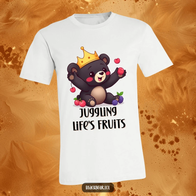 Funny Bear Cub T-Shirt: Charming black bear cub with a crown playfully juggles berries, showcasing delightful dexterity and a fun spirit.