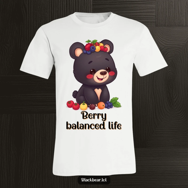 Funny t-shirt with a smiling black bear cub concentrating on balancing a precarious stack of berries atop its head.
