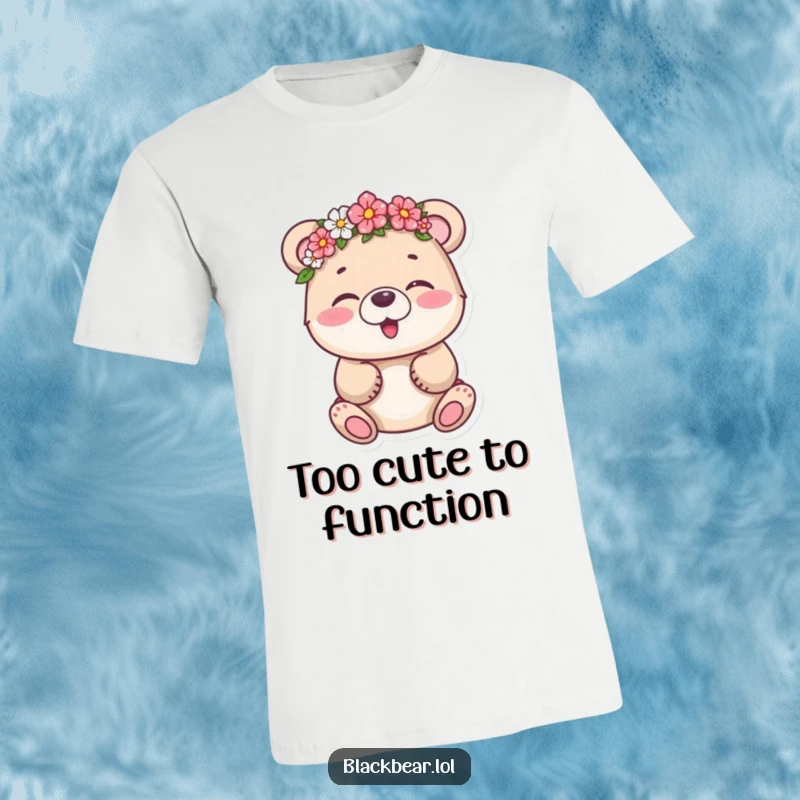 Funny bear cub giggling with a flower crown tilted, printed on a soft t-shirt, making a humorous and cute gift.