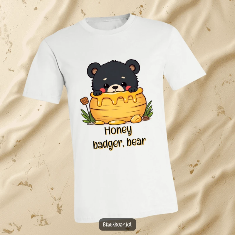Funny t-shirt graphic of a mischievous black bear cub peeking around a large pot of delicious honey, ready for a taste.