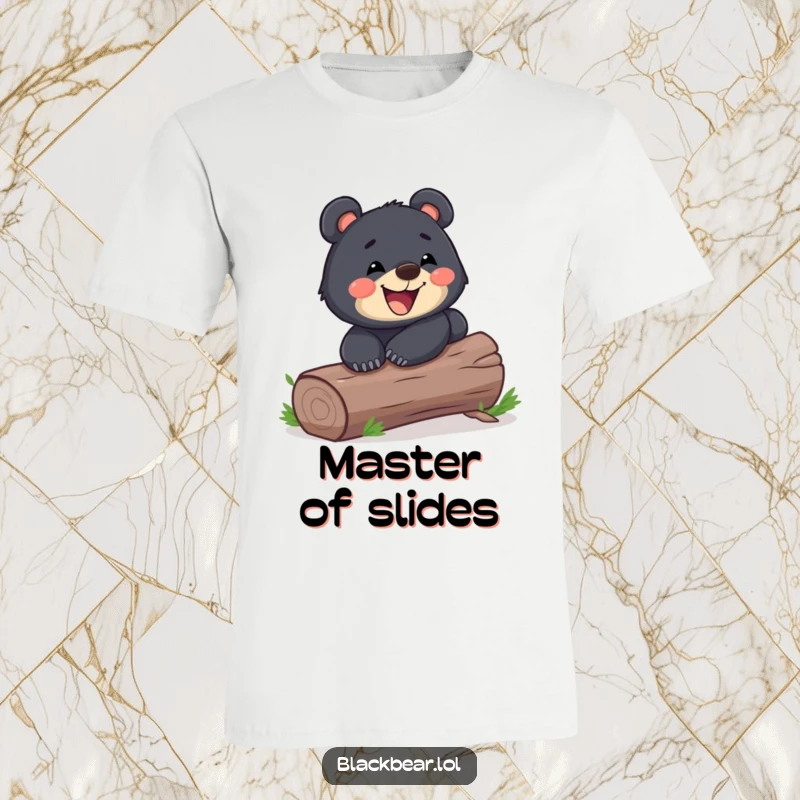 Funny black bear cub sliding down a log with a wide grin on a t-shirt. Playful and humorous forest animal graphic.