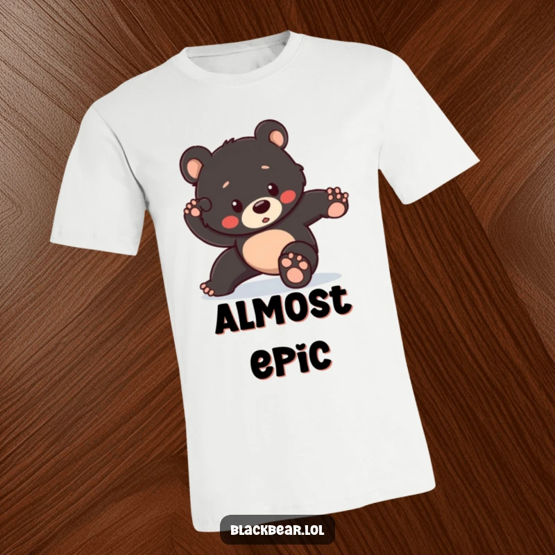 Funny t-shirt showcasing a black bear cub mid-heroic pose, slightly tripping, embodying the humorous struggle of aspiring greatness.
