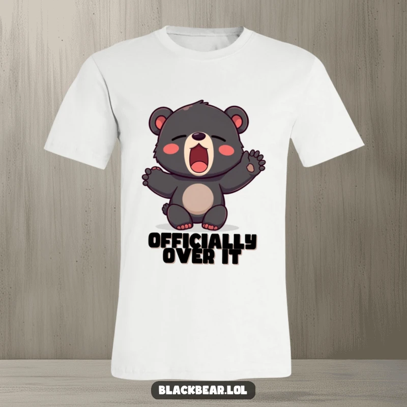 Funny t-shirt featuring an adorable black bear cub caught mid-yawn, stretching a little paw, capturing peak sleepy vibes.