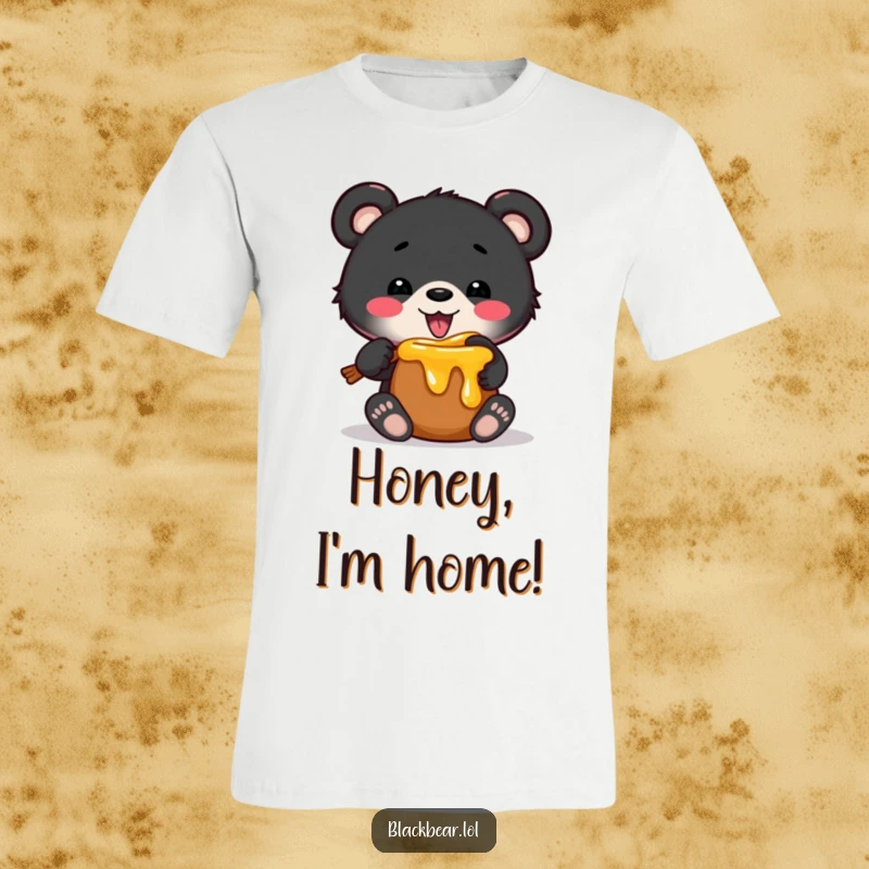 Funny t-shirt depicting a black bear cub comically wedged in a tiny honey pot, illustrating a sweet and humorous predicament.