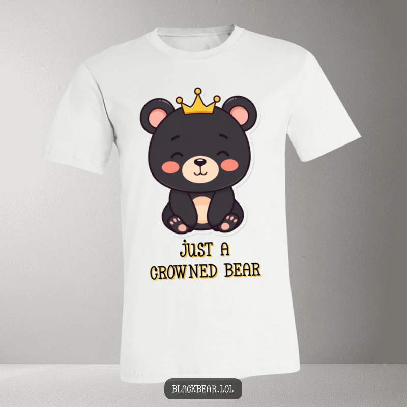 Funny black bear character with a gentle smile and a small crown, printed on a t-shirt, for a charmingly royal look.