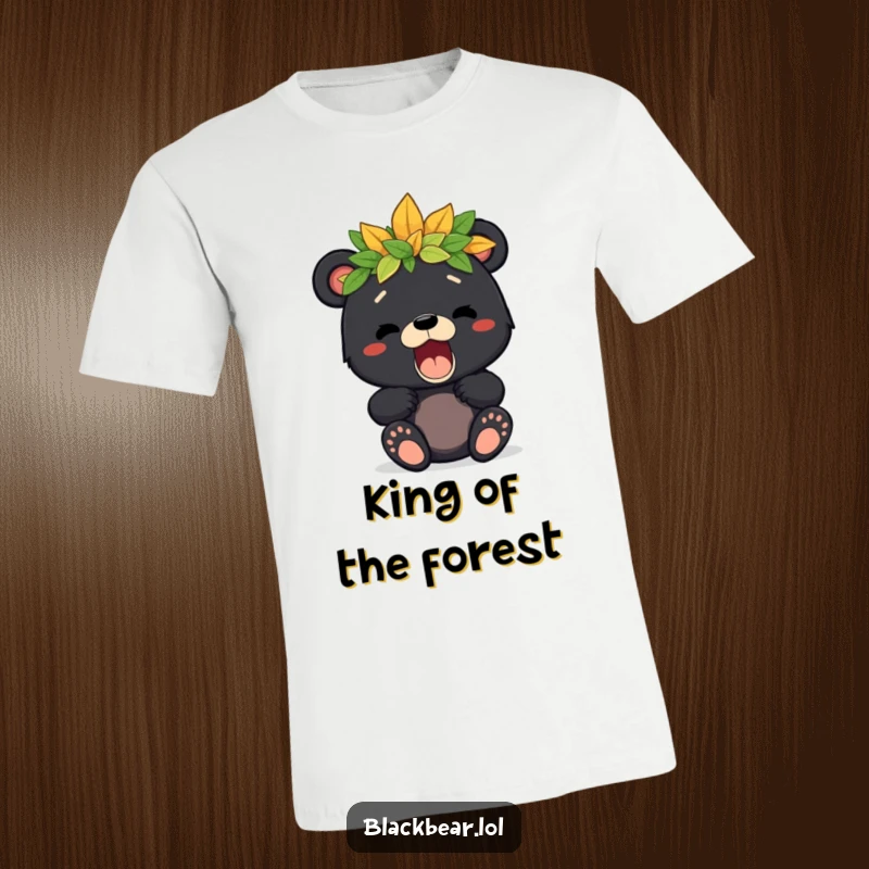 Cute black bear cub wearing a crown of leaves, making a small but mighty playful roar, embodying youthful fun and forest charm.