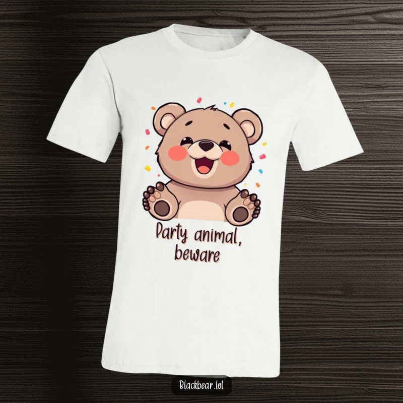 Funny bear cub with a happy expression tossing confetti, printed on a t-shirt, for a festive and joyful look.