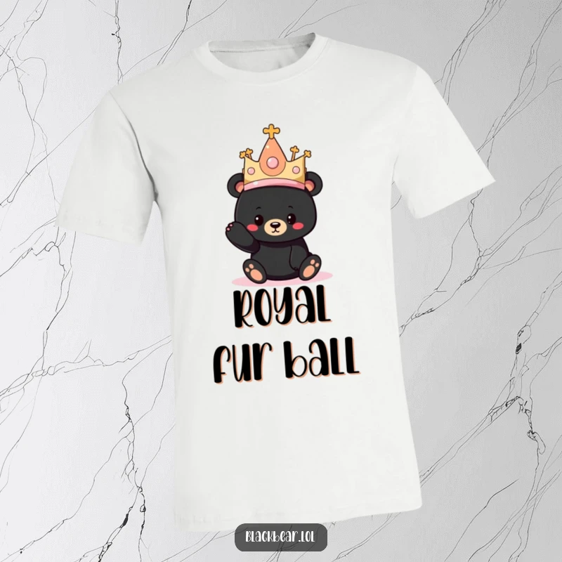 Funny t-shirt featuring a black bear cub awkwardly wearing a comically large, glittering princess hat.
