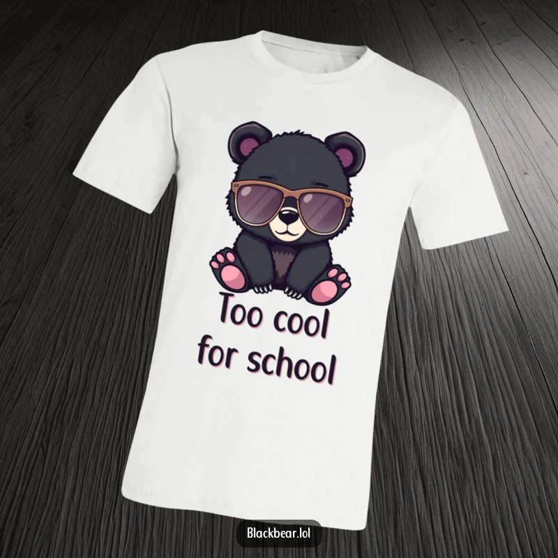 Funny t-shirt of a black bear cub sporting huge, cool sunglasses, looking effortlessly stylish and relaxed.