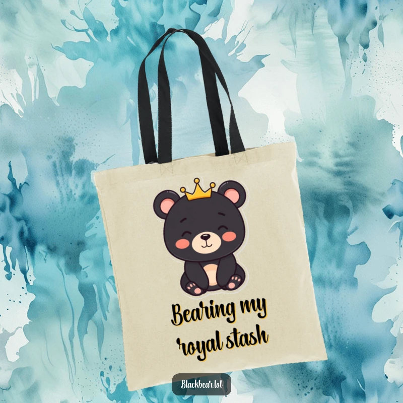 Funny black bear character with a gentle smile and a small crown, printed on a durable tote bag, perfect for carrying royal decrees.