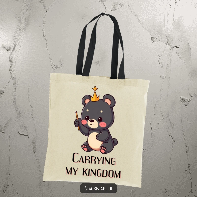 Funny black bear cub holding a small scepter and pointing to the sky, printed on a durable tote bag, a wonderful funny gift.