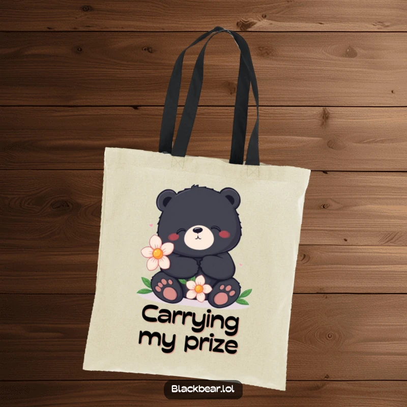 Funny tote bag with a contented black bear holding a single, large flower, perfect for carrying items with peaceful and humorous style.
