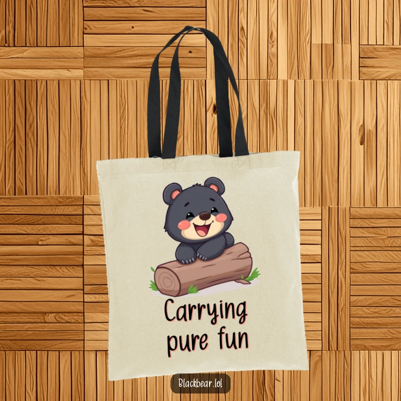 Funny black bear cub sliding down a log with a wide grin on a durable tote bag. Playful and humorous forest animal illustration.