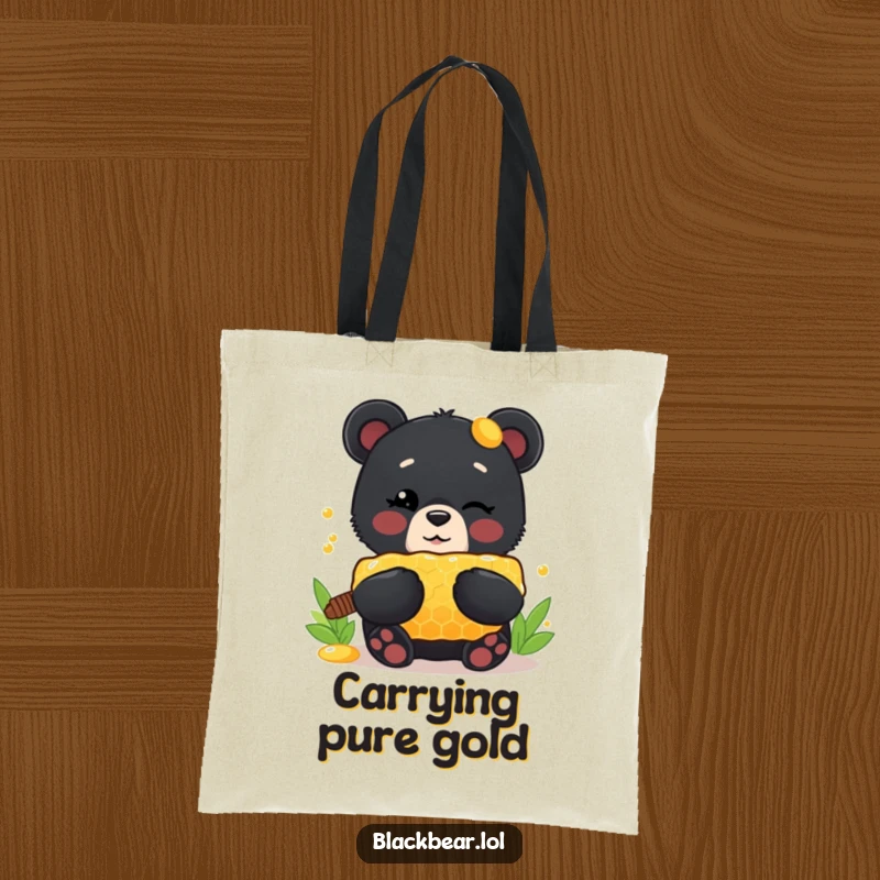 Funny Tote Bag: Cute black bear cub winking, proudly carrying a giant honeycomb, making it a sweet and humorous accessory.