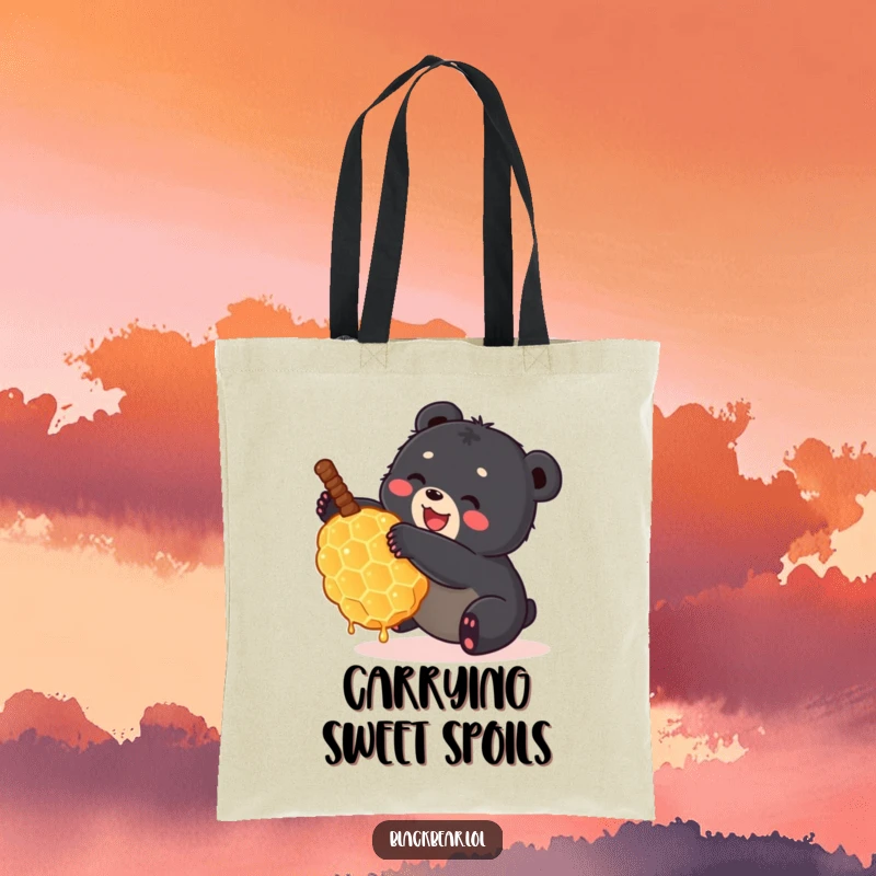 Funny black bear cub tumbling with a large honeycomb on a durable tote bag. Adorable and humorous forest animal illustration.