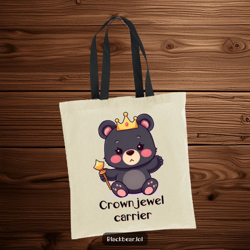 Funny tote bag with a cute bear cub wearing a crown and holding a scepter, ready to reign supreme.