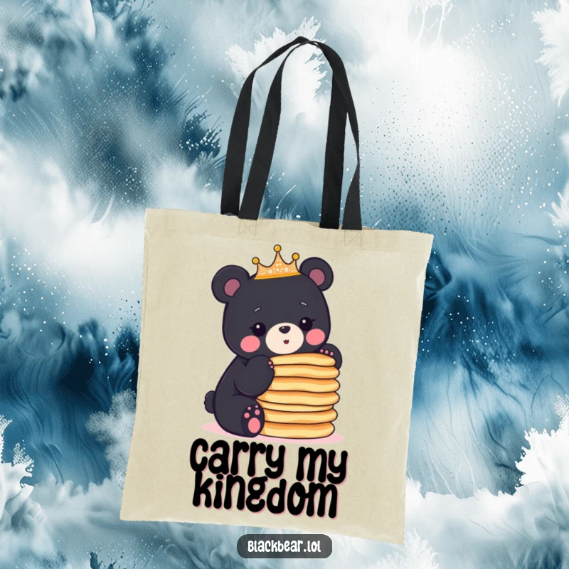 Funny crowned black bear cub balances a stack of pancakes, making this tote bag a humorous and practical choice.