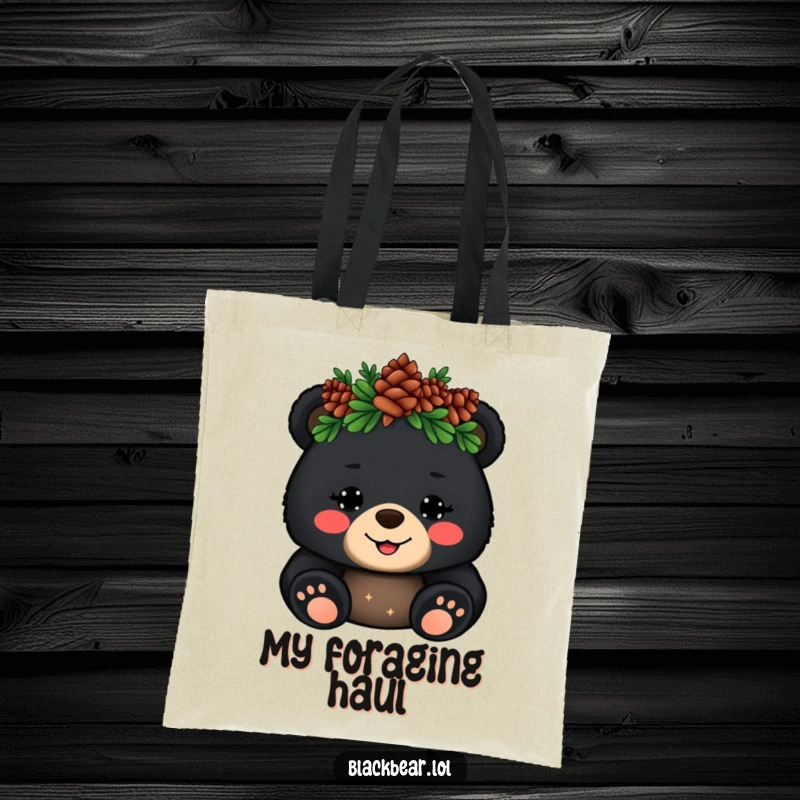 Funny Tote Bag: Cheerful black bear cub with a pinecone crown waves hello, perfect for carrying woodland treasures.