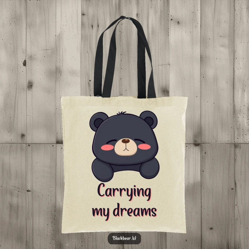 Funny black bear tote bag with a bear lounging peacefully, sighing contentedly with eyes closed, a symbol of relaxation.