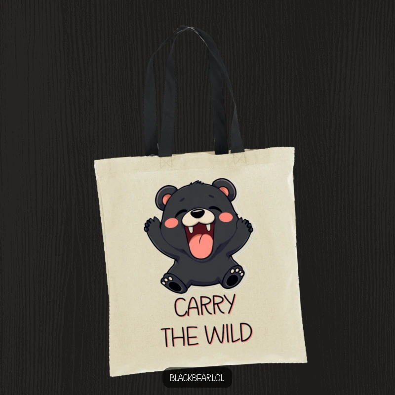 Funny black bear tote bag roaring playfully with a wide, happy expression, great for shopping and gifts.
