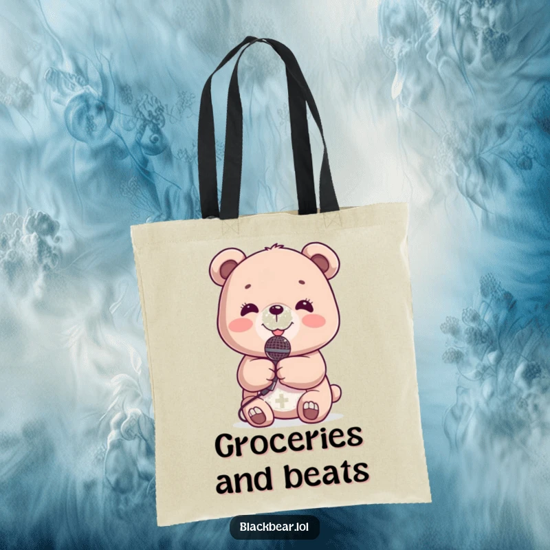 Funny Tote Bag: Smiling bear cub holding a miniature microphone, ready for a vocal performance.