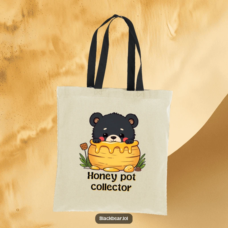 Funny tote bag design of a mischievous black bear cub peeking around a large honey pot, ready to raid it.